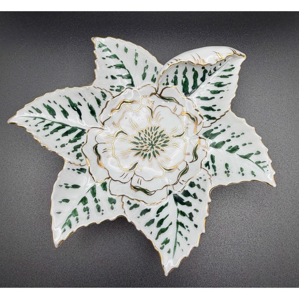 Lipper & Mann Bond Ware Green & Gold Porcelain Leaf & Flower Trinket Dish